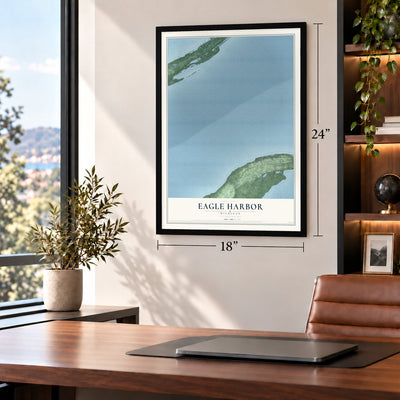 Eagle Harbor, Michigan map, 18 x 24 inch print in a black frame in a home office