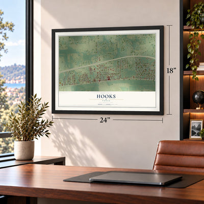 Hooks, Texas map, 18 x 24 inch print in a black frame in a home office