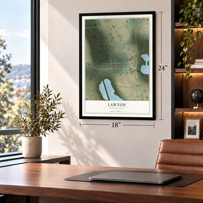 Lawton, North Dakota map, 18 x 24 inch print in a black frame in a home office