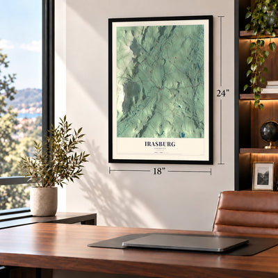 Irasburg, Vermont map, 18 x 24 inch print in a black frame in a home office