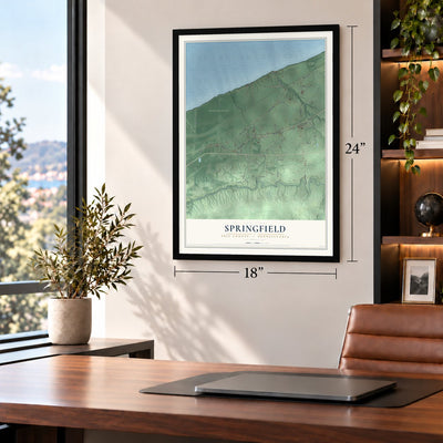 Springfield, Erie County, Pennsylvania map, 18 x 24 inch print in a black frame in a home office