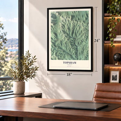 Topsham, Vermont map, 18 x 24 inch print in a black frame in a home office