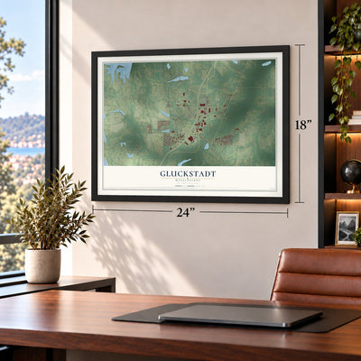 Gluckstadt, Mississippi map, 18 x 24 inch print in a black frame in a home office