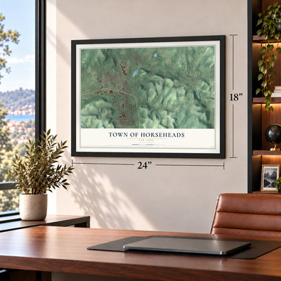 Town of Horseheads, New York map, 18 x 24 inch print in a black frame in a home office