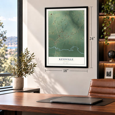 Keysville, Georgia map, 18 x 24 inch print in a black frame in a home office