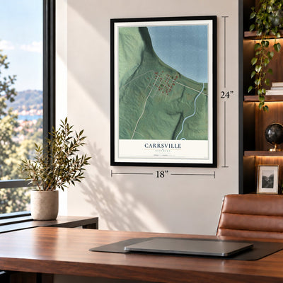 Carrsville, Kentucky map, 18 x 24 inch print in a black frame in a home office