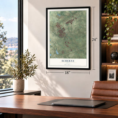 Schertz, Texas map, 18 x 24 inch print in a black frame in a home office