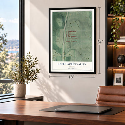 Green Acres Valley, Georgia map, 18 x 24 inch print in a black frame in a home office
