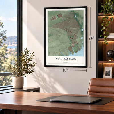 West Babylon, New York map, 18 x 24 inch print in a black frame in a home office