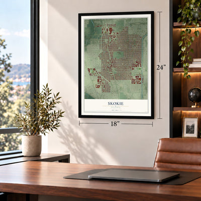 Skokie, Illinois map, 18 x 24 inch print in a black frame in a home office