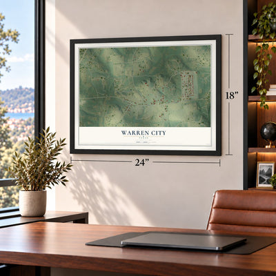 Warren City, Texas map, 18 x 24 inch print in a black frame in a home office