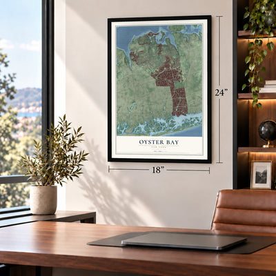 Oyster Bay, New York map, 18 x 24 inch print in a black frame in a home office