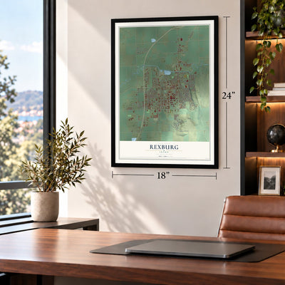 Rexburg, Idaho map, 18 x 24 inch print in a black frame in a home office