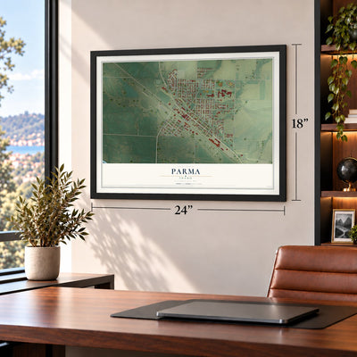 Parma, Idaho map, 18 x 24 inch print in a black frame in a home office