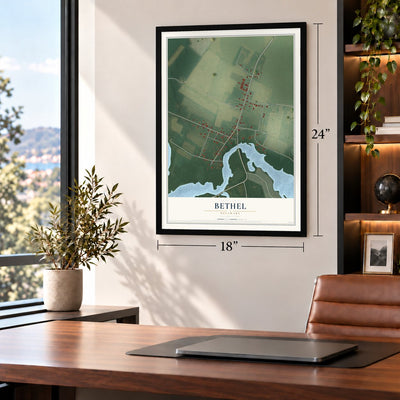 Bethel, Delaware map, 18 x 24 inch print in a black frame in a home office