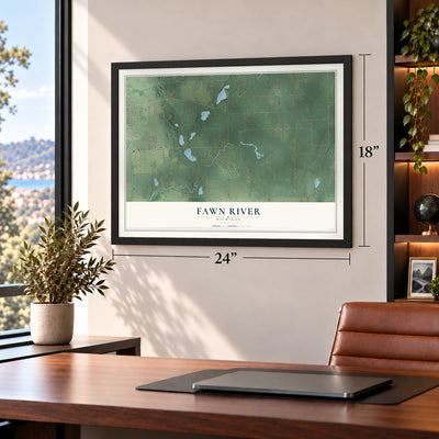 Fawn River, Michigan map, 18 x 24 inch print in a black frame in a home office