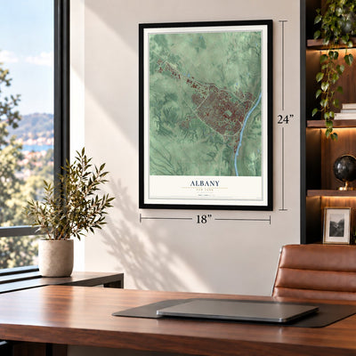 Albany, New York map, 18 x 24 inch print in a black frame in a home office