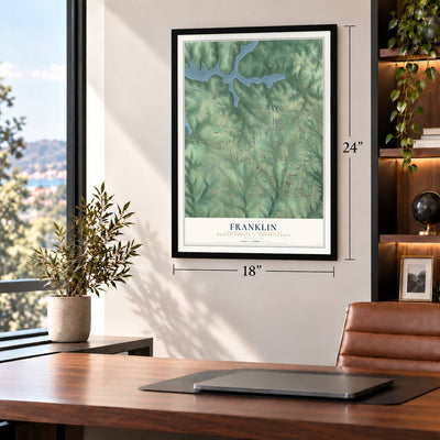 Franklin, Butler County, Pennsylvania map, 18 x 24 inch print in a black frame in a home office