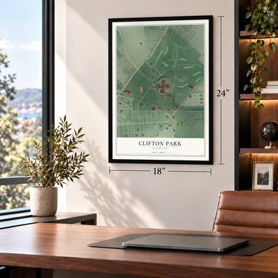 Clifton Park, Maryland map, 18 x 24 inch print in a black frame in a home office
