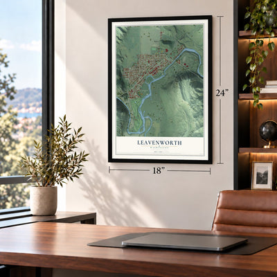 Leavenworth, Washington map, 18 x 24 inch print in a black frame in a home office