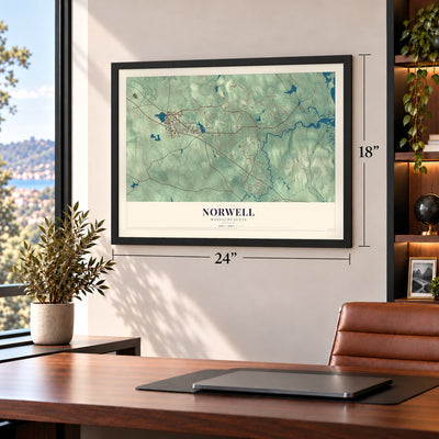 Norwell, Massachusetts map, 18 x 24 inch print in a black frame in a home office