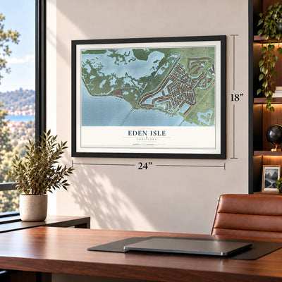 Eden Isle, Louisiana map, 18 x 24 inch print in a black frame in a home office