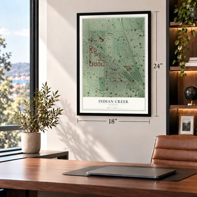 Indian Creek, Illinois map, 18 x 24 inch print in a black frame in a home office