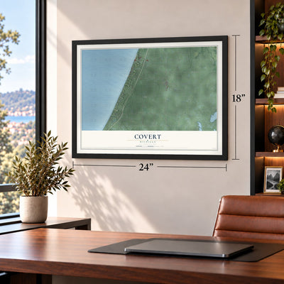 Covert, Michigan map, 18 x 24 inch print in a black frame in a home office