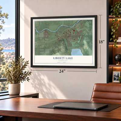 Liberty Lake, Washington map, 18 x 24 inch print in a black frame in a home office