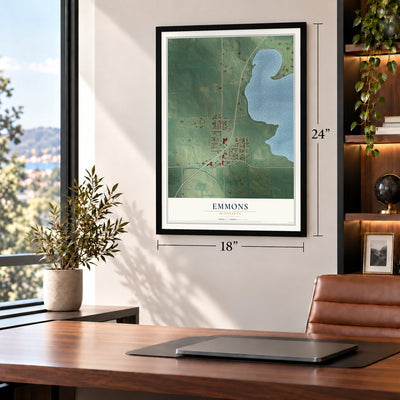 Emmons, Minnesota map, 18 x 24 inch print in a black frame in a home office