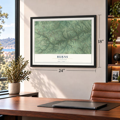 Burns, Tennessee map, 18 x 24 inch print in a black frame in a home office