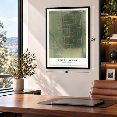 Reile's Acres, North Dakota map, 18 x 24 inch print in a black frame in a home office