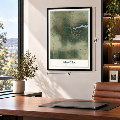 Niagara, North Dakota map, 18 x 24 inch print in a black frame in a home office