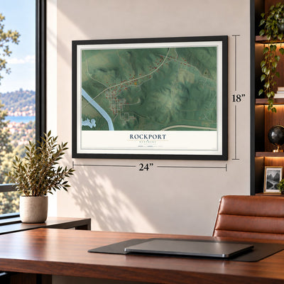 Rockport, Kentucky map, 18 x 24 inch print in a black frame in a home office