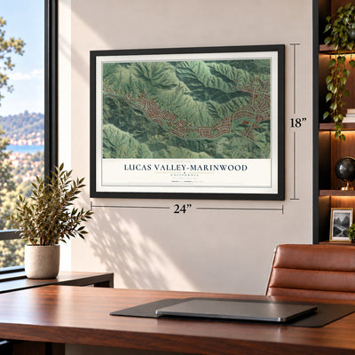 Lucas Valley-Marinwood, California map, 18 x 24 inch print in a black frame in a home office