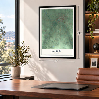 Aurora, New York map, 18 x 24 inch print in a black frame in a home office