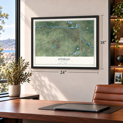 Otsego, Minnesota map, 18 x 24 inch print in a black frame in a home office