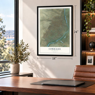 Corrales, New Mexico map, 18 x 24 inch print in a black frame in a home office