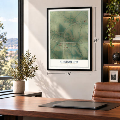 Kingdom City, Missouri map, 18 x 24 inch print in a black frame in a home office