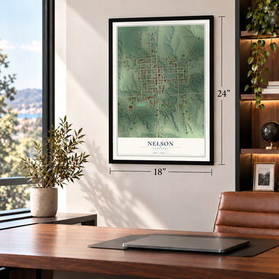 Nelson, Nebraska map, 18 x 24 inch print in a black frame in a home office