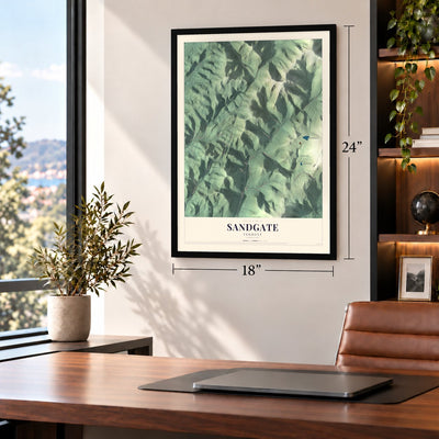 Sandgate, Vermont map, 18 x 24 inch print in a black frame in a home office