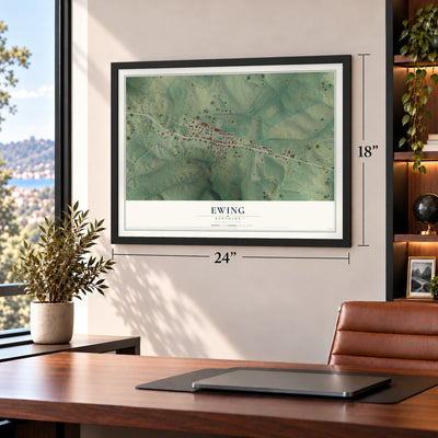 Ewing, Kentucky map, 18 x 24 inch print in a black frame in a home office