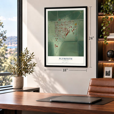 Plymouth, Nebraska map, 18 x 24 inch print in a black frame in a home office