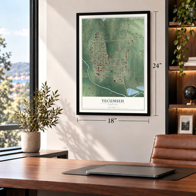 Tecumseh, Nebraska map, 18 x 24 inch print in a black frame in a home office