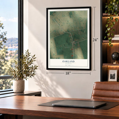 Oakland, Kentucky map, 18 x 24 inch print in a black frame in a home office