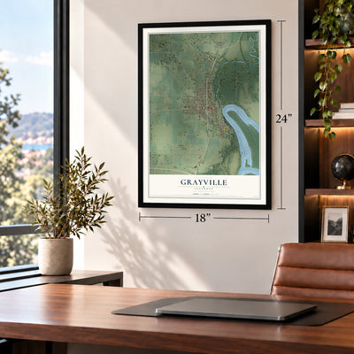 Grayville, Illinois map, 18 x 24 inch print in a black frame in a home office