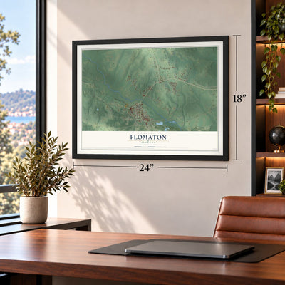 Flomaton, Alabama map, 18 x 24 inch print in a black frame in a home office