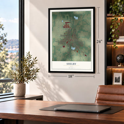 Shelby, Ohio map, 18 x 24 inch print in a black frame in a home office