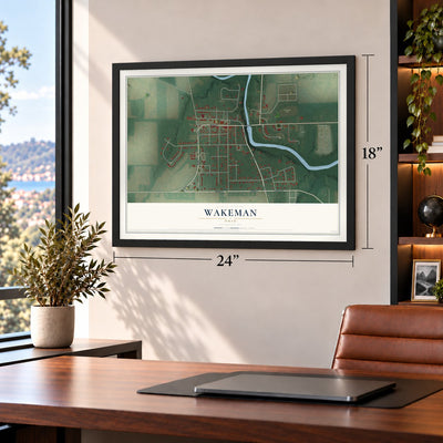 Wakeman, Ohio map, 18 x 24 inch print in a black frame in a home office