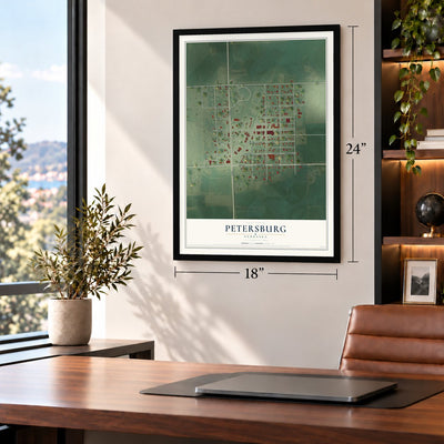Petersburg, Nebraska map, 18 x 24 inch print in a black frame in a home office